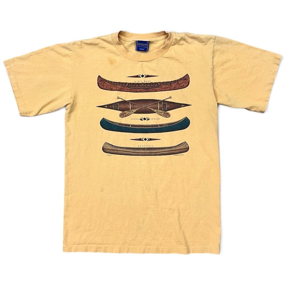 Vintage Harborside Graphics Canoe Single Stitch TShirt Mustard Yellow Made USA M
